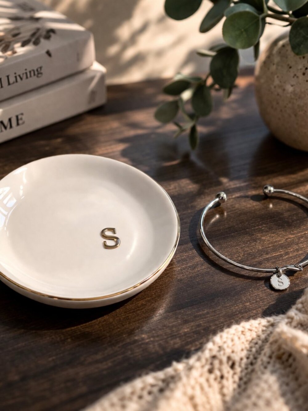 Letter S | Ceramic Jewelry Tray or Trinket Dish AND Letter S Silver Bracelet